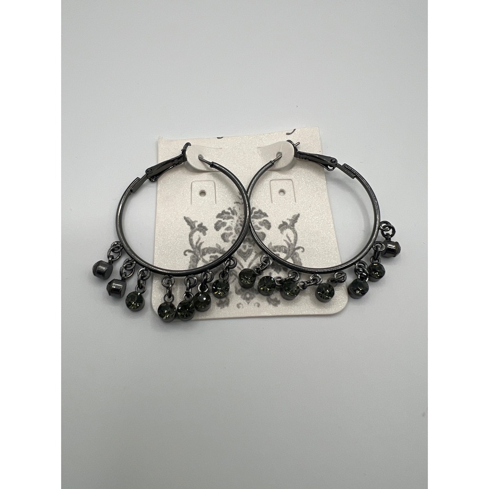 Gunmetal Hoop Earrings with Smoky Grey Green Rhinestone Dangles Dark Metal